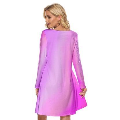 Pink Gradient Long Sleeve Knee-Length Cocktail Dress – Elegant Crew Neck Evening Look - Printspirationz