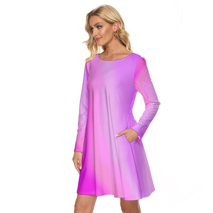 Pink Gradient Long Sleeve Knee-Length Cocktail Dress – Elegant Crew Neck Evening Look - Printspirationz