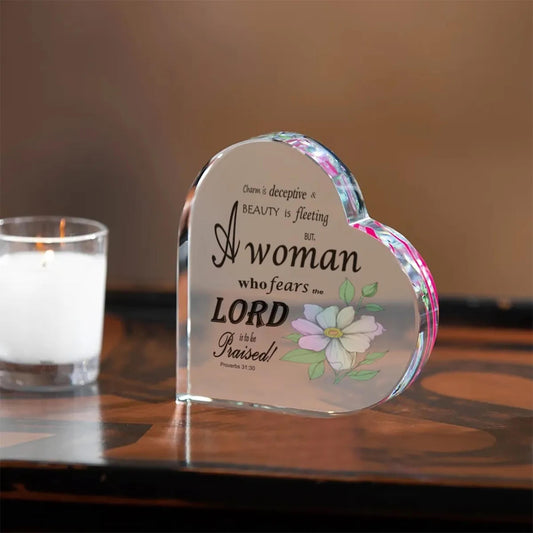Proverbs 31:30 Heart Shaped Acrylic Desktop Ornament, Floral Bible Verse Graphic, Christian Gift for Her, Women of God, Valentine's Day Gift - Printspirationz