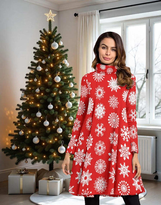 Red High Neck Snowflake Mini Dress - Elegant Above the Knee Winter Design, Christmas Party Cocktail Dress