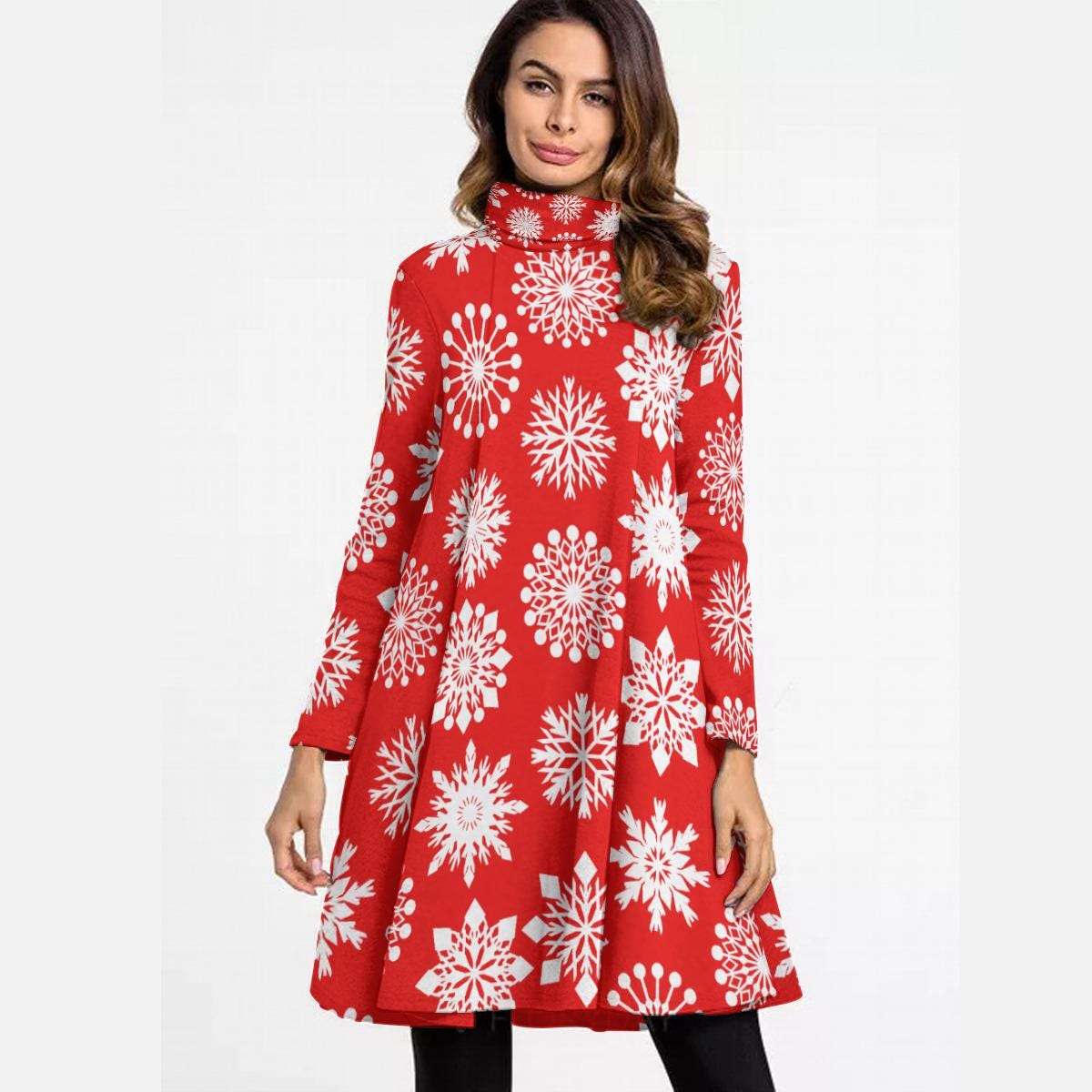 Red High Neck Snowflake Mini Dress - Elegant Above the Knee Winter Design, Christmas Party Cocktail Dress
