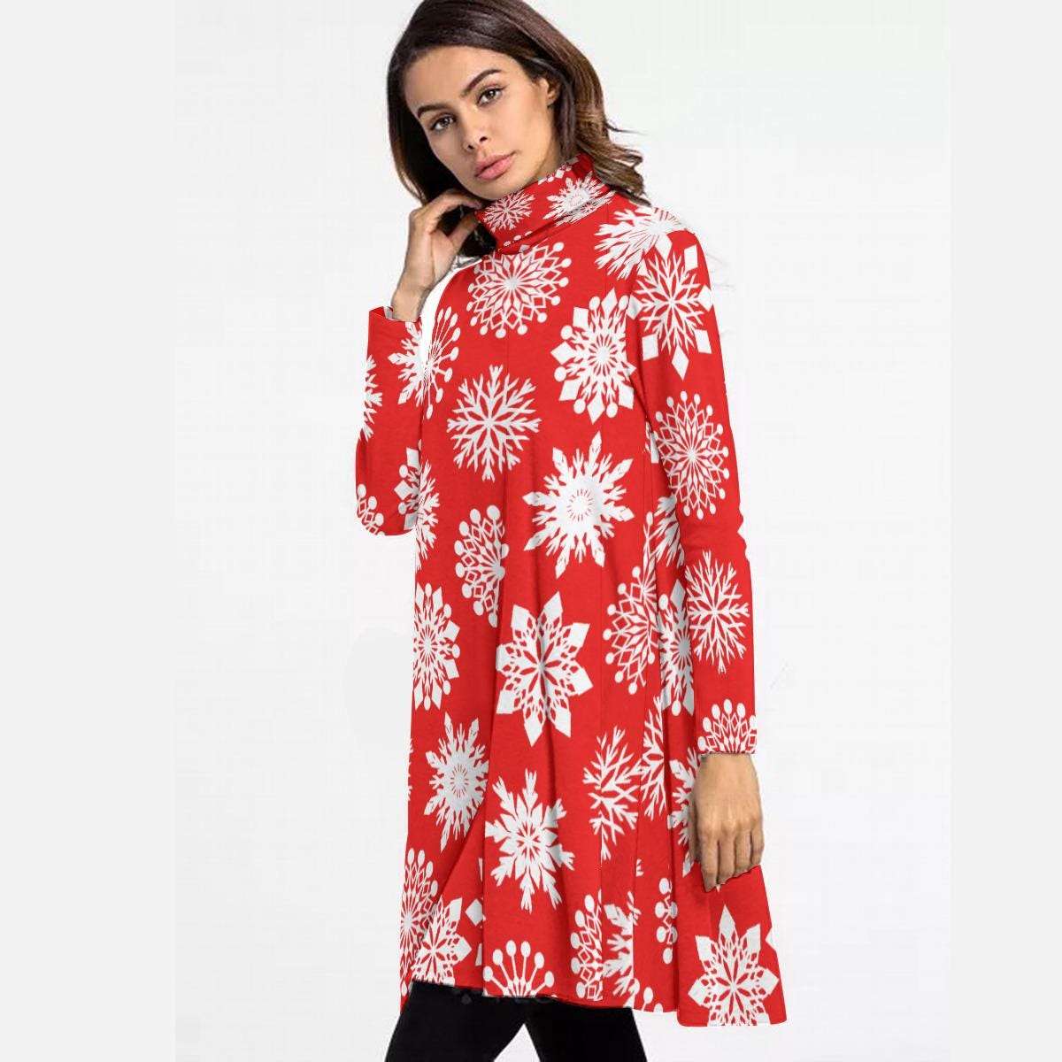 Red High Neck Snowflake Mini Dress - Elegant Above the Knee Winter Design, Christmas Party Cocktail Dress