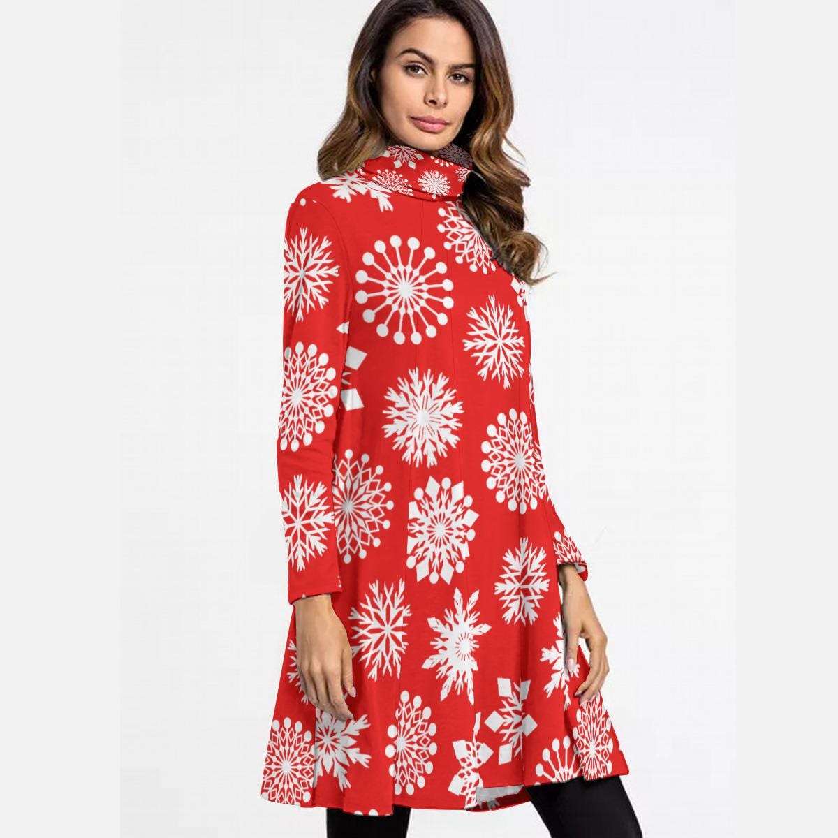 Red High Neck Snowflake Mini Dress - Elegant Above the Knee Winter Design, Christmas Party Cocktail Dress