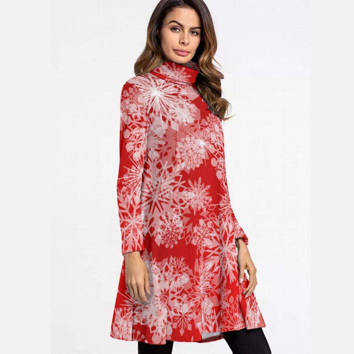 Red High Neck Snowflake Mini Dress - Elegant Above the Knee Winter Design, Christmas Party Cocktail Dress