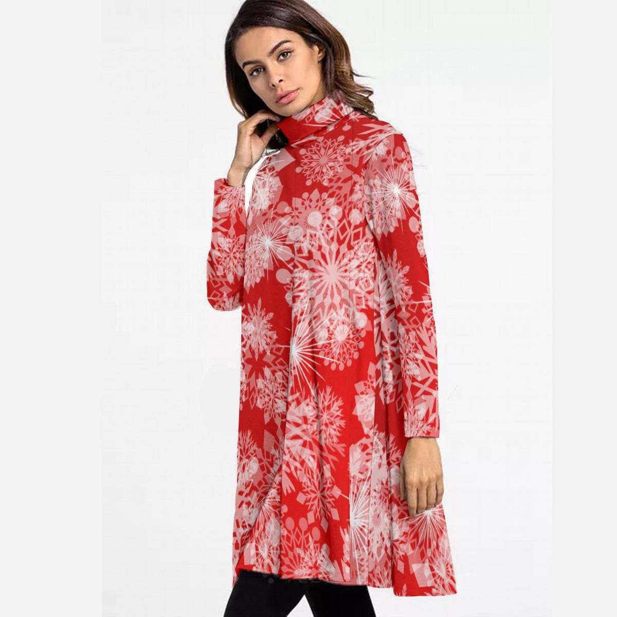 Red High Neck Snowflake Mini Dress - Elegant Above the Knee Winter Design, Christmas Party Cocktail Dress