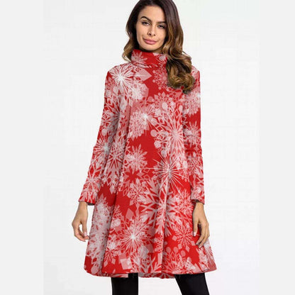 Red High Neck Snowflake Mini Dress - Elegant Above the Knee Winter Design, Christmas Party Cocktail Dress