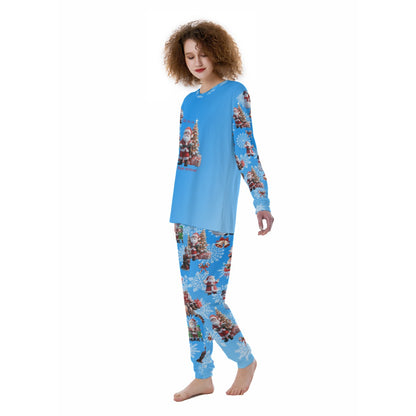 Santa Scenes Print Women’s Pajamas on Blue Background - Printspirationz