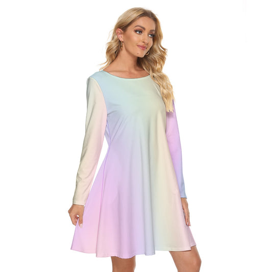 Soft Pastel Rainbow Gradient Long Sleeve Knee Length Mini Cocktail Spring Easter Mother's Day Party Dance Dress with Pockets gift for her - Printspirationz