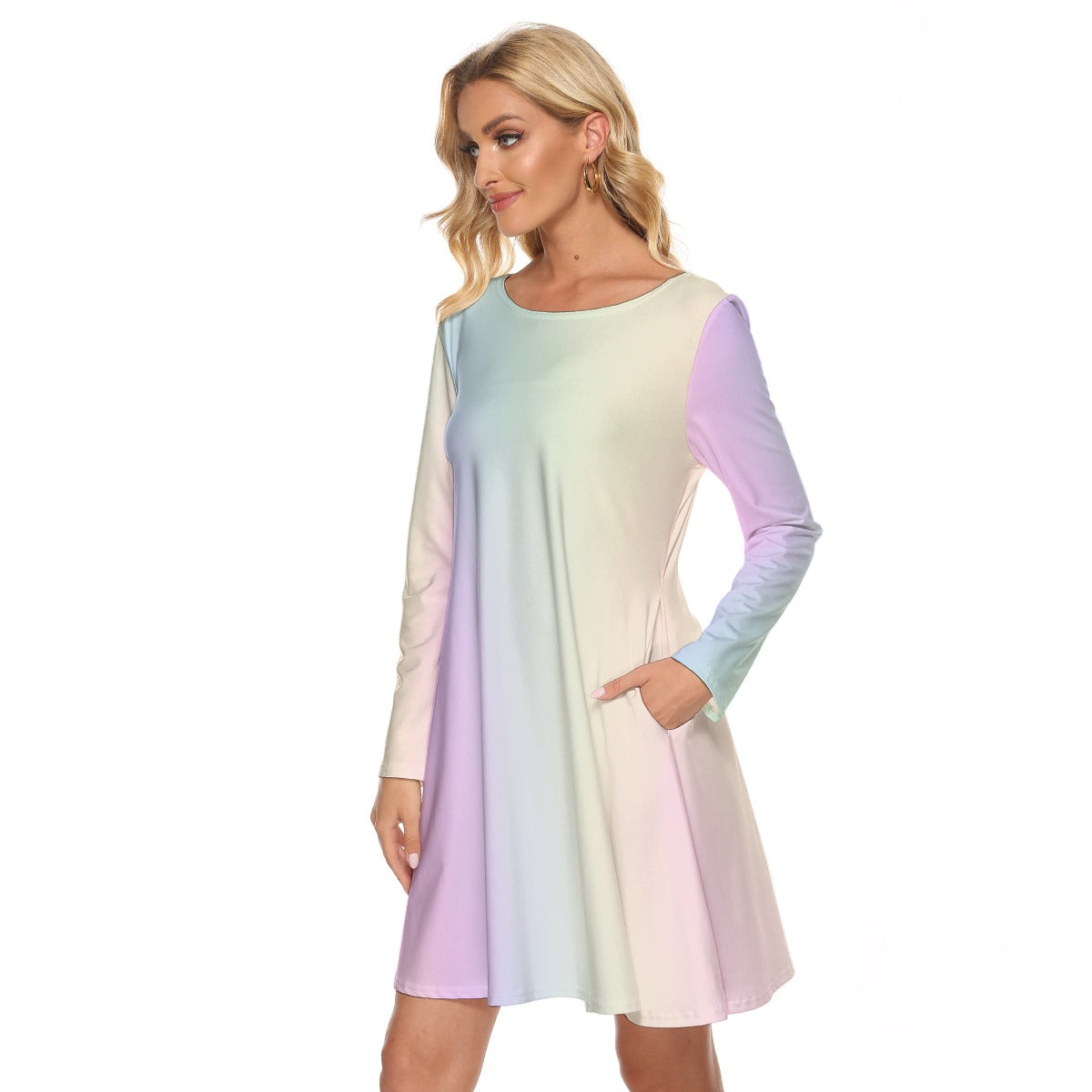 Soft Pastel Rainbow Gradient Long Sleeve Knee Length Mini Cocktail Spring Easter Mother's Day Party Dance Dress with Pockets gift for her - Printspirationz