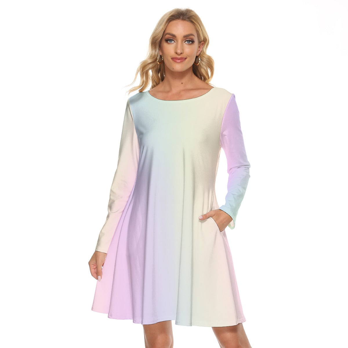 Soft Pastel Rainbow Gradient Long Sleeve Knee Length Mini Cocktail Spring Easter Mother's Day Party Dance Dress with Pockets gift for her - Printspirationz