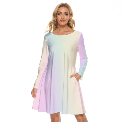 Soft Pastel Rainbow Gradient Long Sleeve Knee Length Mini Cocktail Spring Easter Mother's Day Party Dance Dress with Pockets gift for her - Printspirationz