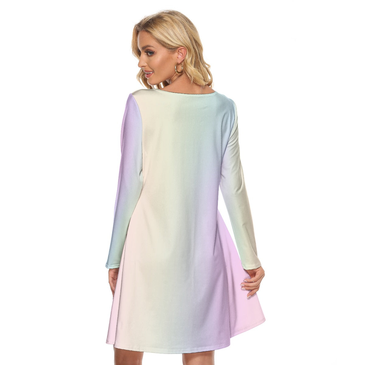 Soft Pastel Rainbow Gradient Long Sleeve Knee Length Mini Cocktail Spring Easter Mother's Day Party Dance Dress with Pockets gift for her - Printspirationz