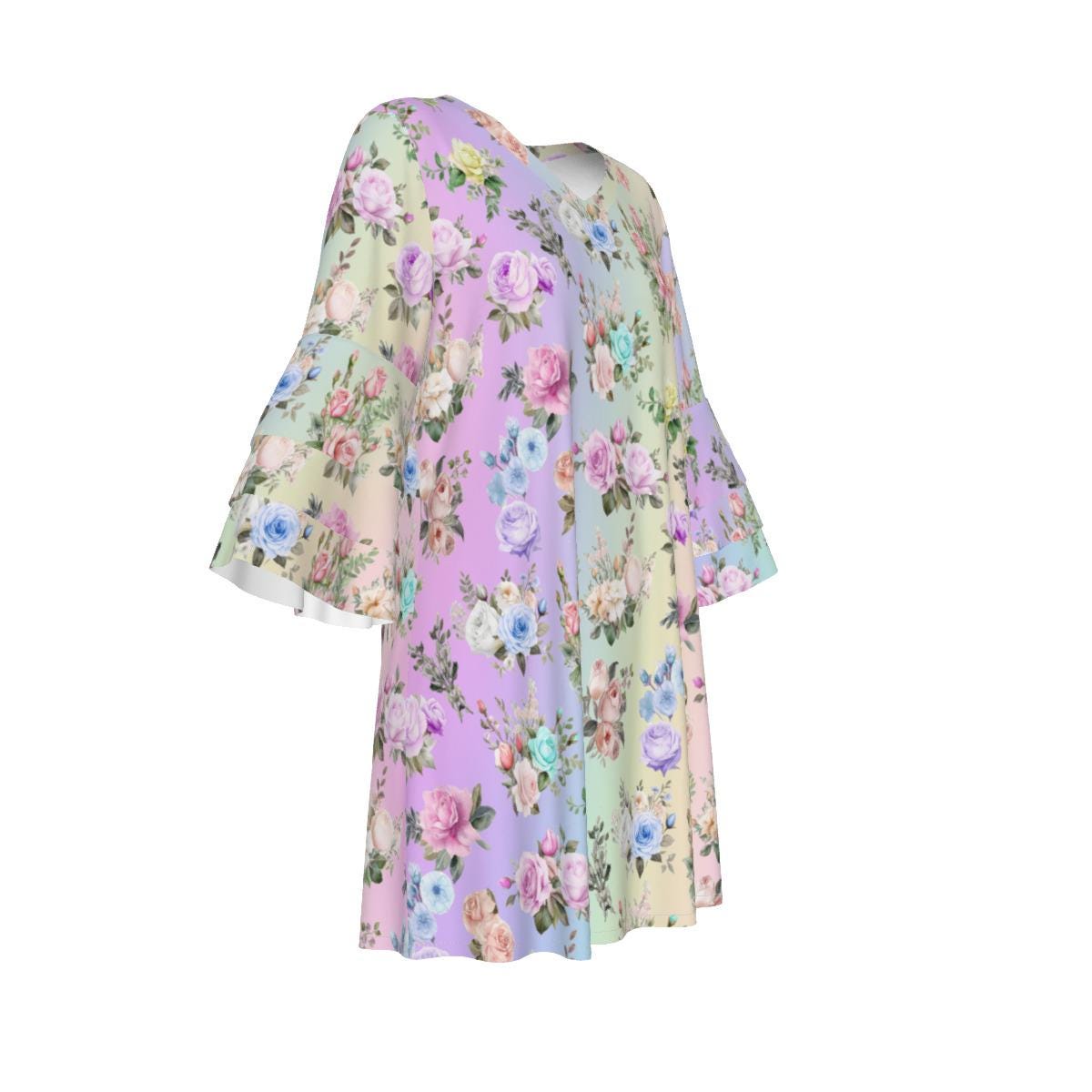 Stacked Ruffle Boho-Inspired Women's Sleeve Dress in Pastel Rainbow Floral Print | Perfect for Spring, Easter, or Mother's Day - Printspirationz