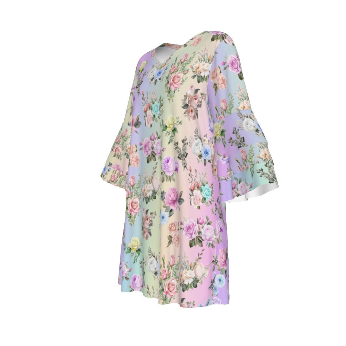 Stacked Ruffle Boho-Inspired Women's Sleeve Dress in Pastel Rainbow Floral Print | Perfect for Spring, Easter, or Mother's Day - Printspirationz