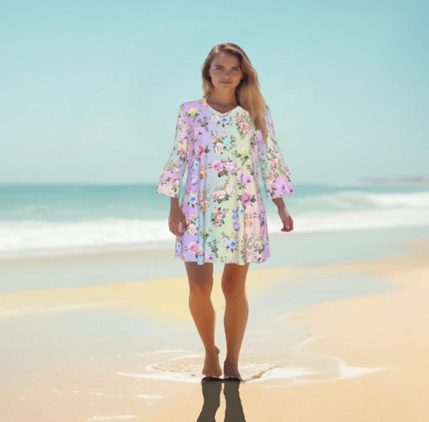 Stacked Ruffle Boho-Inspired Women's Sleeve Dress in Pastel Rainbow Floral Print | Perfect for Spring, Easter, or Mother's Day - Printspirationz