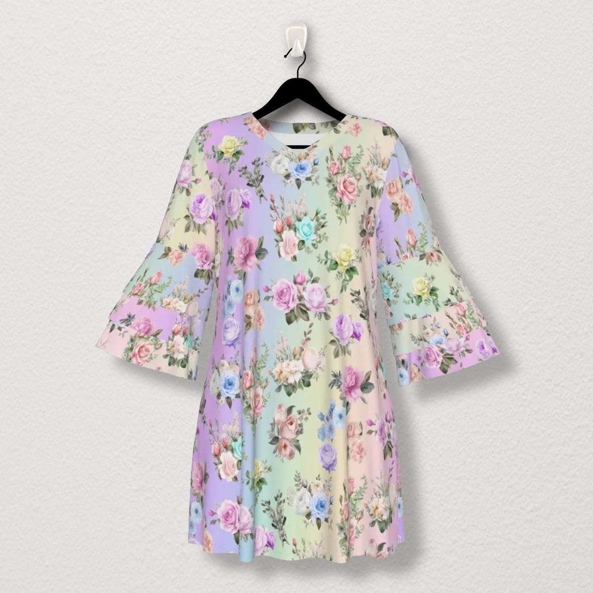 Stacked Ruffle Boho-Inspired Women's Sleeve Dress in Pastel Rainbow Floral Print | Perfect for Spring, Easter, or Mother's Day