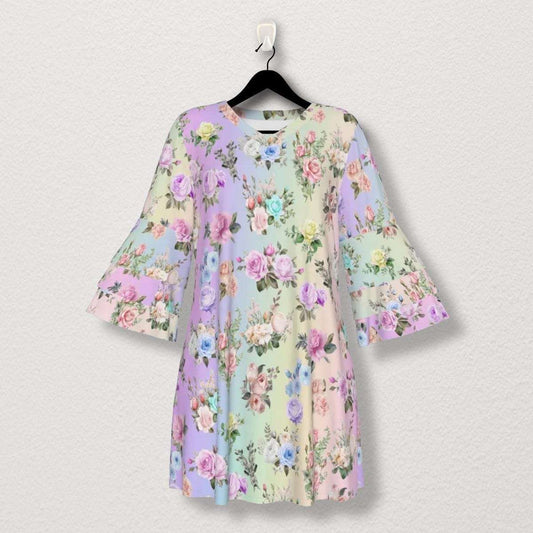 Stacked Ruffle Boho-Inspired Women's Sleeve Dress in Pastel Rainbow Floral Print | Perfect for Spring, Easter, or Mother's Day