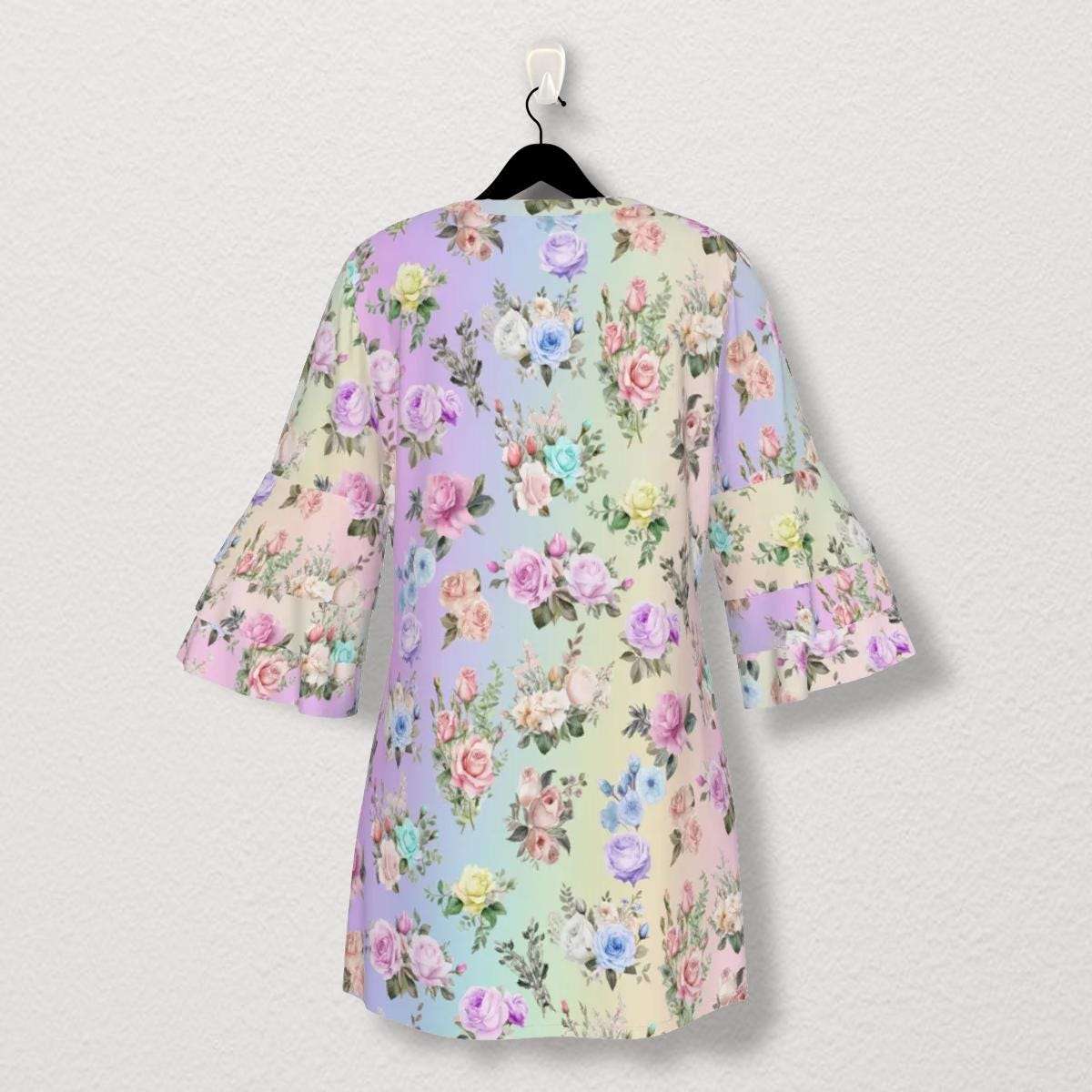 Stacked Ruffle Boho-Inspired Women's Sleeve Dress in Pastel Rainbow Floral Print | Perfect for Spring, Easter, or Mother's Day