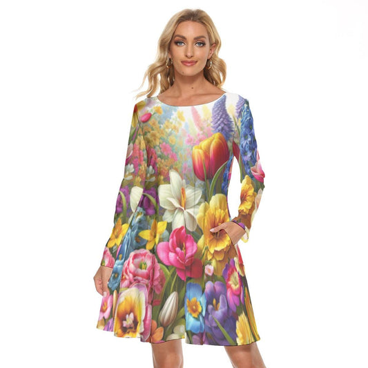 Stunning Vibrant Floral Print Long Sleeve Dress - Above the Knee Crew Neck for Effortless Elegance - Printspirationz