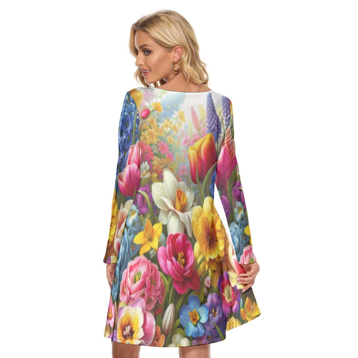 Stunning Vibrant Floral Print Long Sleeve Dress - Above the Knee Crew Neck for Effortless Elegance - Printspirationz