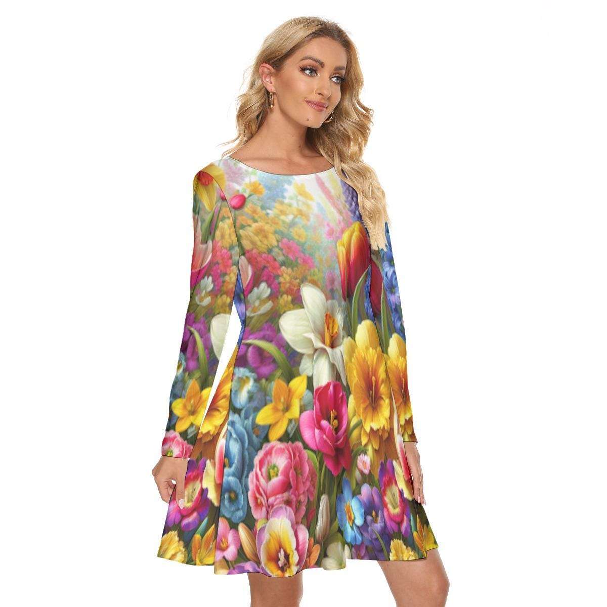 Stunning Vibrant Floral Print Long Sleeve Dress - Above the Knee Crew Neck for Effortless Elegance