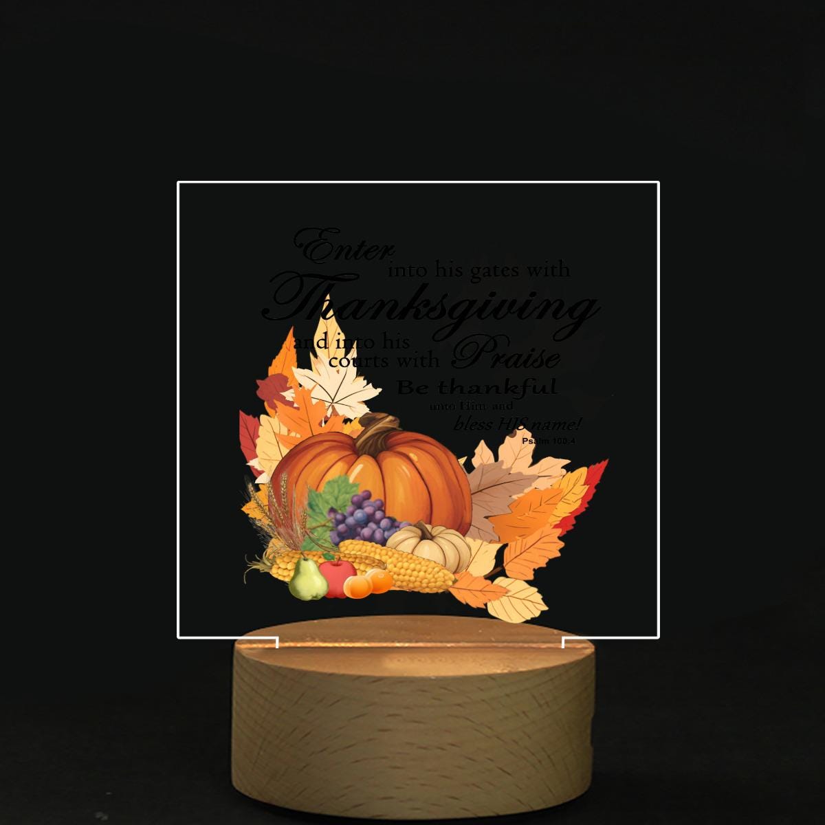 Thanksgiving Bible Verse Cornucopia Design on Square Acrylic Board with LED Light – Perfect Holiday Decor! - Printspirationz