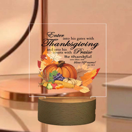 Thanksgiving Bible Verse Cornucopia Design on Square Acrylic Board with LED Light – Perfect Holiday Decor!