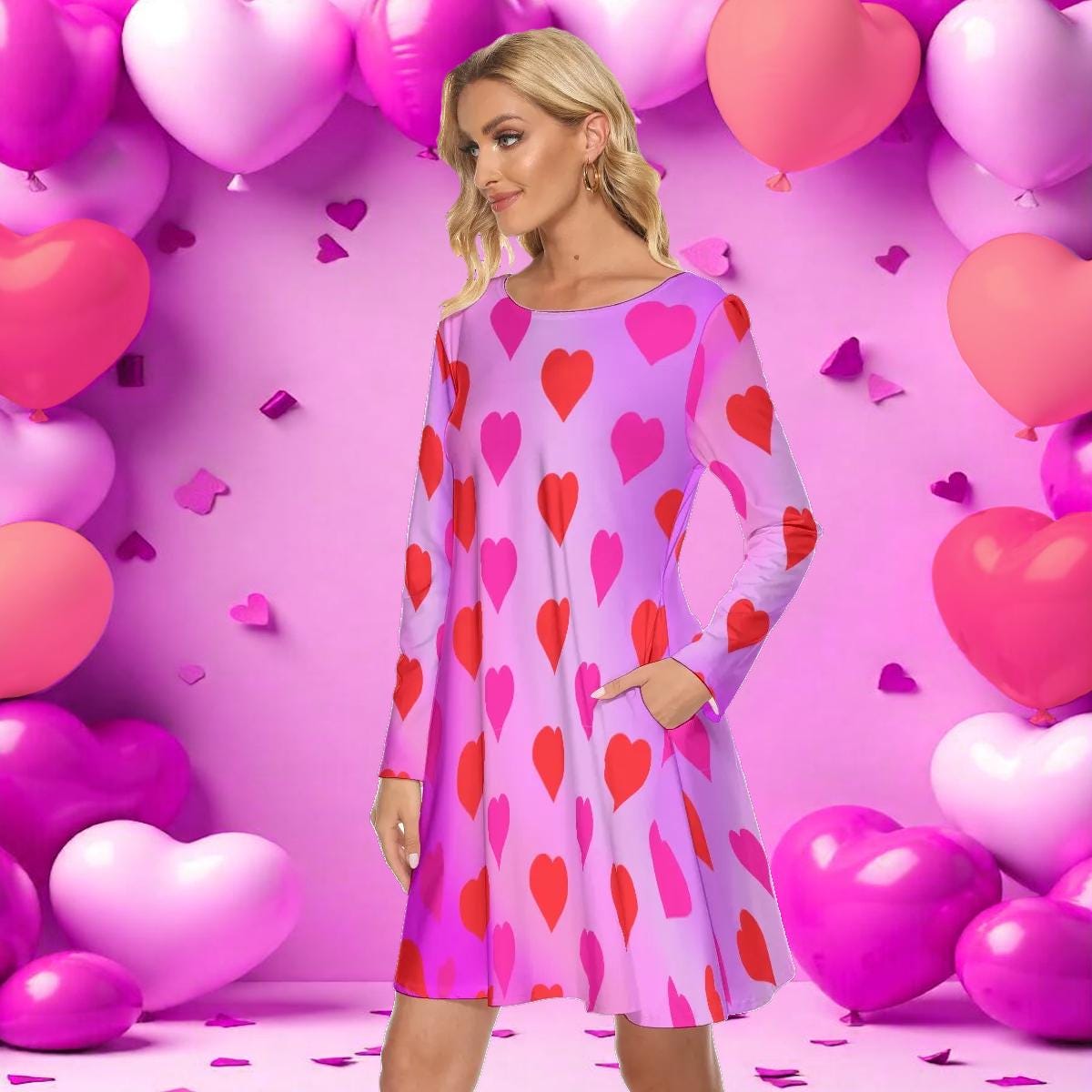 Valentine's Dress, Long Sleeve Knee Length Women's Dress with Hearts, Pink Gradient Background with Pockets, Party Cocktail Dance Dress - Printspirationz