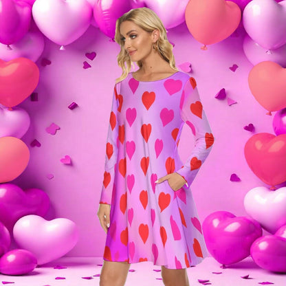 Valentine's Dress, Long Sleeve Knee Length Women's Dress with Hearts, Pink Gradient Background with Pockets, Party Cocktail Dance Dress - Printspirationz