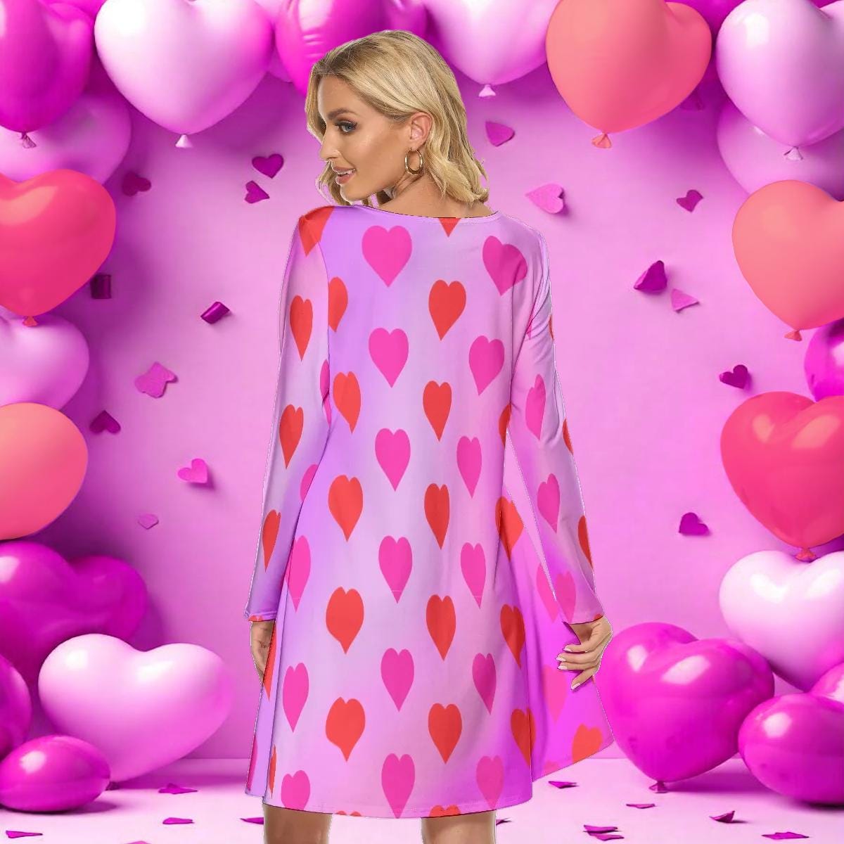 Valentine's Dress, Long Sleeve Knee Length Women's Dress with Hearts, Pink Gradient Background with Pockets, Party Cocktail Dance Dress - Printspirationz