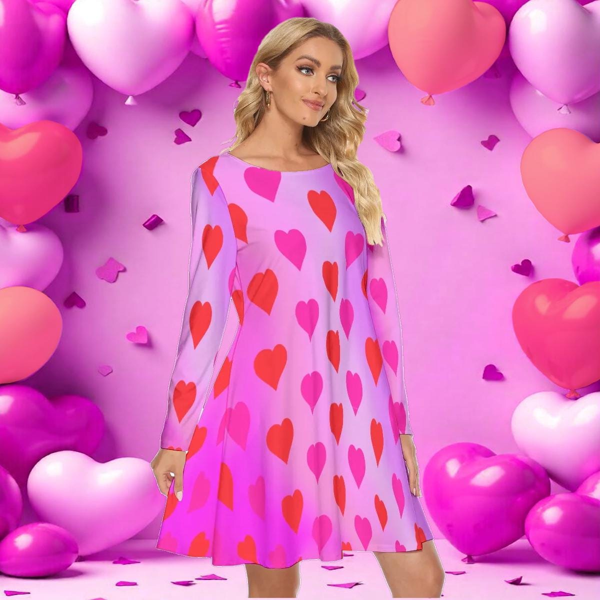 Valentine's Dress, Long Sleeve Knee Length Women's Dress with Hearts, Pink Gradient Background with Pockets, Party Cocktail Dance Dress - Printspirationz