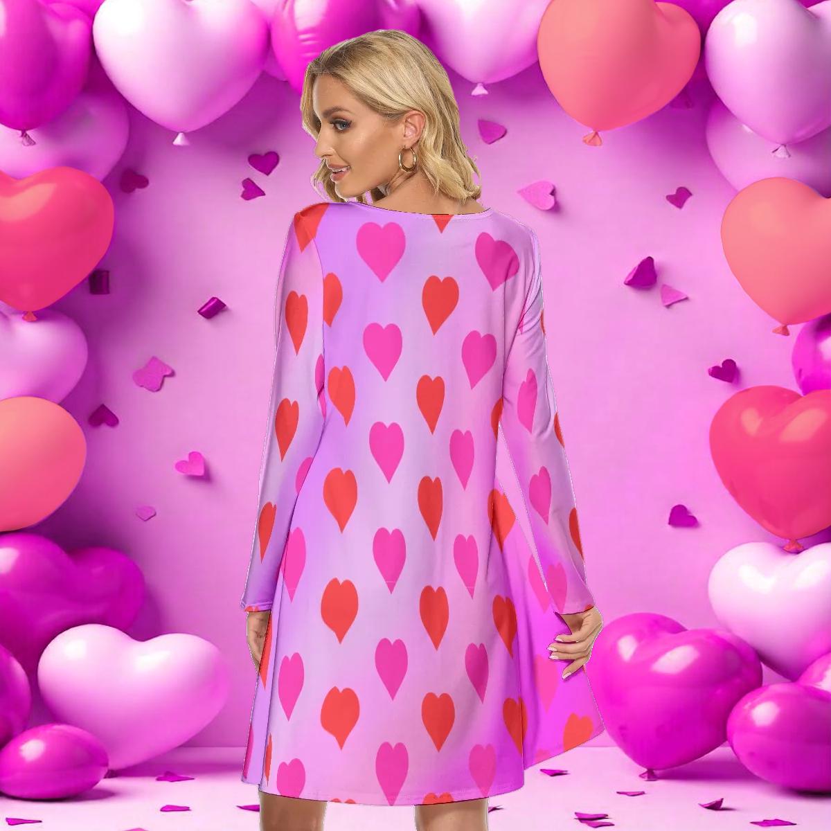 Valentine's Dress, Long Sleeve Knee Length Women's Dress with Hearts, Pink Gradient Background with Pockets, Party Cocktail Dance Dress - Printspirationz