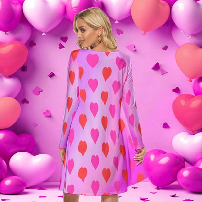 Valentine's Dress, Long Sleeve Knee Length Women's Dress with Hearts, Pink Gradient Background with Pockets, Party Cocktail Dance Dress - Printspirationz