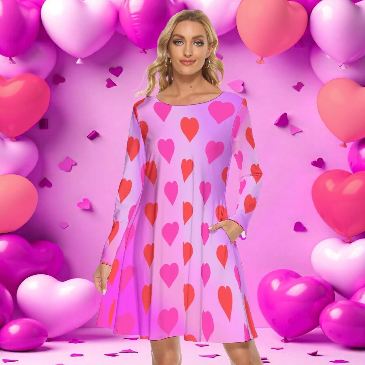 Valentine's Dress, Long Sleeve Knee Length Women's Dress with Hearts, Pink Gradient Background with Pockets, Party Cocktail Dance Dress - Printspirationz