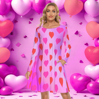 Valentine's Dress, Long Sleeve Knee Length Women's Dress with Hearts, Pink Gradient Background with Pockets, Party Cocktail Dance Dress - Printspirationz