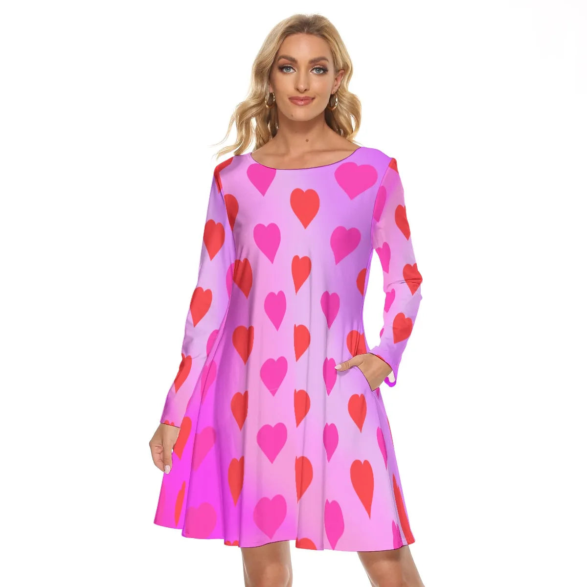 Valentine's Dress, Long Sleeve Knee Length Women's Dress with Hearts, Pink Gradient Background with Pockets, Party Cocktail Dance Dress - Printspirationz