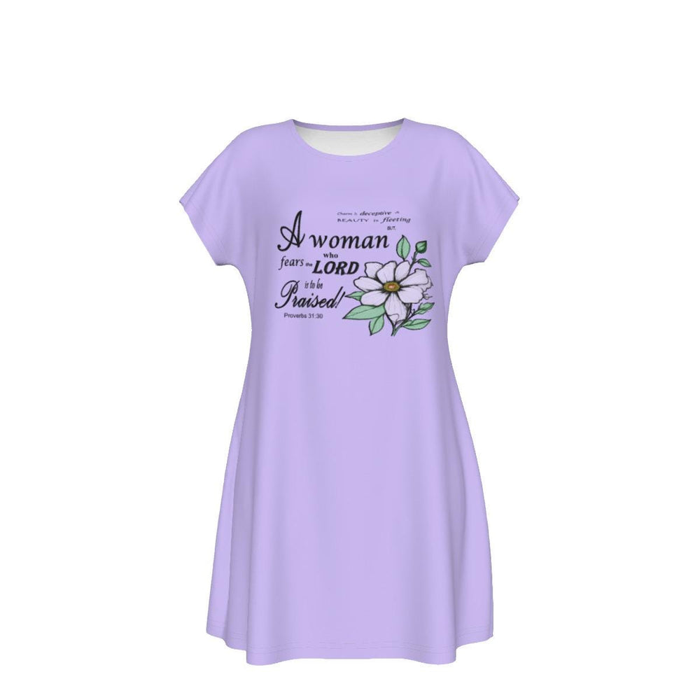 Versatile Women's Oversized Short Sleeve T-shirt Dress with Bible Verse Floral Scripture Proverbs 31:30 Design -  Comfortable For Casual, Lounging, or Sleeping - Lavender