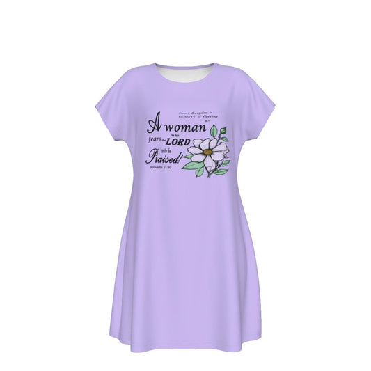 Versatile Women's Oversized Short Sleeve T-shirt Dress with Bible Verse Floral Scripture Proverbs 31:30 Design -  Comfortable For Casual, Lounging, or Sleeping - Lavender - Printspirationz