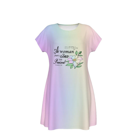 Versatile Women's Oversized Short Sleeve T-shirt Dress with Bible Verse Floral Scripture Proverbs 31:30 Design -  Comfortable For Casual, Lounging, or Sleeping - Pastel Rainbow - Printspirationz