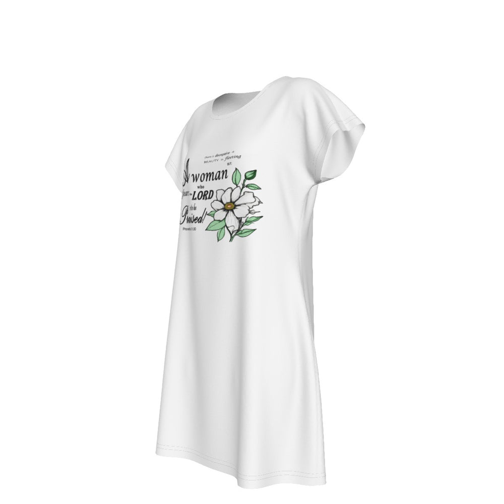 Versatile Women's Oversized Short Sleeve T-shirt Dress with Bible Verse Floral Scripture Proverbs 31:30 Design -  Comfortable For Casual, Lounging, or Sleeping - White