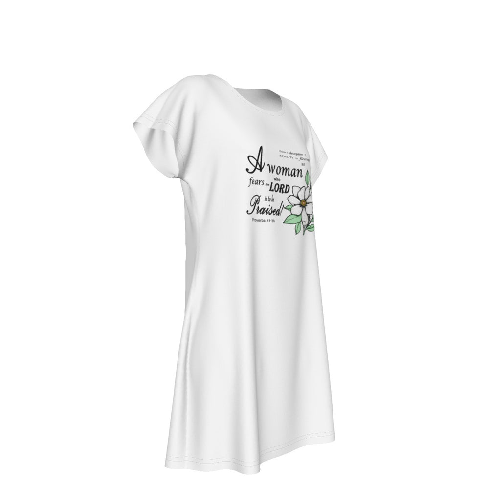 Versatile Women's Oversized Short Sleeve T-shirt Dress with Bible Verse Floral Scripture Proverbs 31:30 Design -  Comfortable For Casual, Lounging, or Sleeping - White