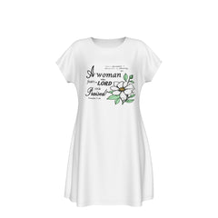 Versatile Women's Oversized Short Sleeve T-shirt Dress with Bible Verse Floral Scripture Proverbs 31:30 Design -  Comfortable For Casual, Lounging, or Sleeping - White