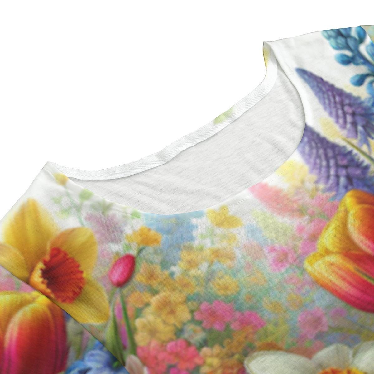 Vibrant Colorful Floral Garden Round Neck Short Sleeve Butterfly Sleeves Tunic Mini Dress – Perfect Summer Wear! - Printspirationz