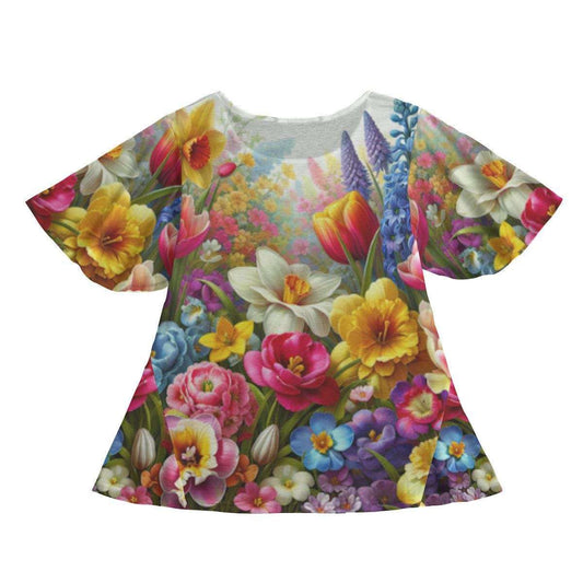 Vibrant Colorful Floral Garden Round Neck Short Sleeve Butterfly Sleeves Tunic Mini Dress – Perfect Summer Wear!