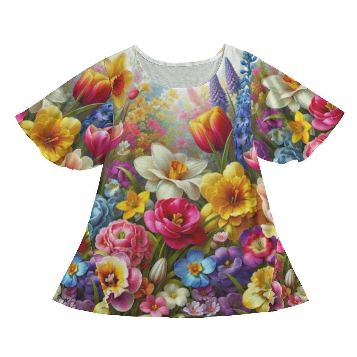 Vibrant Colorful Floral Garden Round Neck Short Sleeve Butterfly Sleeves Tunic Mini Dress – Perfect Summer Wear!