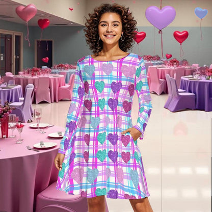 Vibrant Heart Print Long Sleeve Mini Dress | Above Knee Flared Style on Pink, Blue, Purple Plaid Background | Women's Valentine's Day Dress - Printspirationz
