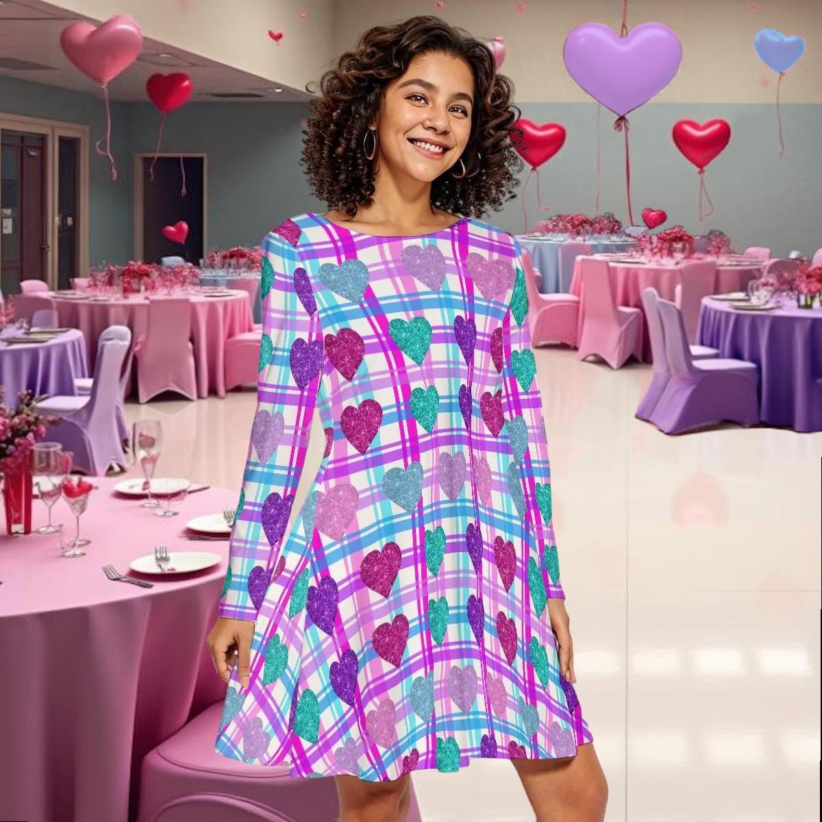 Vibrant Heart Print Long Sleeve Mini Dress | Above Knee Flared Style on Pink, Blue, Purple Plaid Background | Women's Valentine's Day Dress - Printspirationz