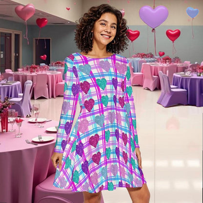 Vibrant Heart Print Long Sleeve Mini Dress | Above Knee Flared Style on Pink, Blue, Purple Plaid Background | Women's Valentine's Day Dress - Printspirationz