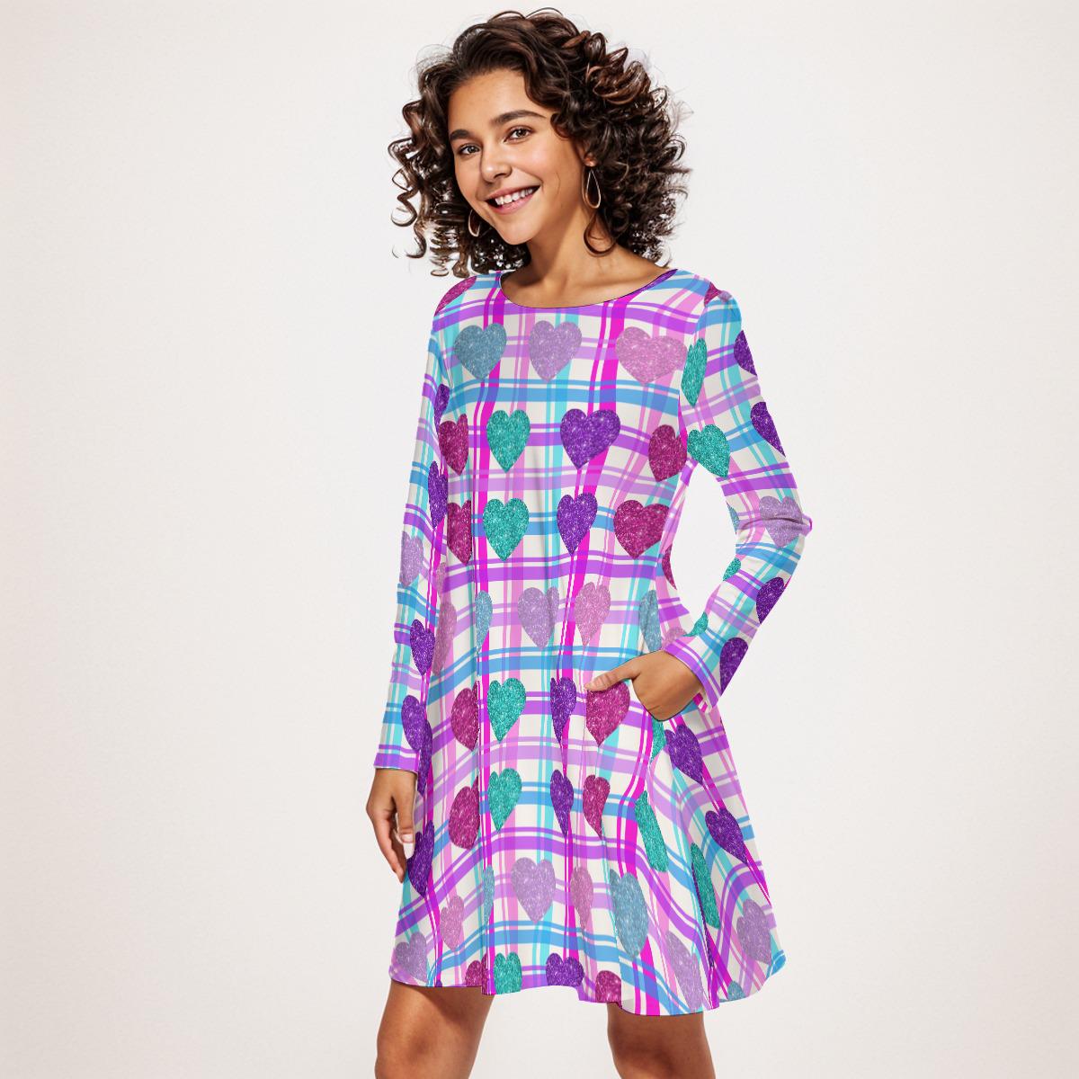 Vibrant Heart Print Long Sleeve Mini Dress | Above Knee Flared Style on Pink, Blue, Purple Plaid Background | Women's Valentine's Day Dress - Printspirationz