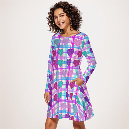 Vibrant Heart Print Long Sleeve Mini Dress | Above Knee Flared Style on Pink, Blue, Purple Plaid Background | Women's Valentine's Day Dress - Printspirationz